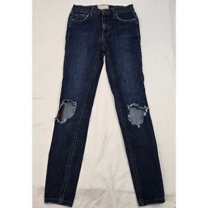 Free People Dark Wash Skinny Jeans Size 0/25 Distressed Knee Hole Raw‎ Hem retro
